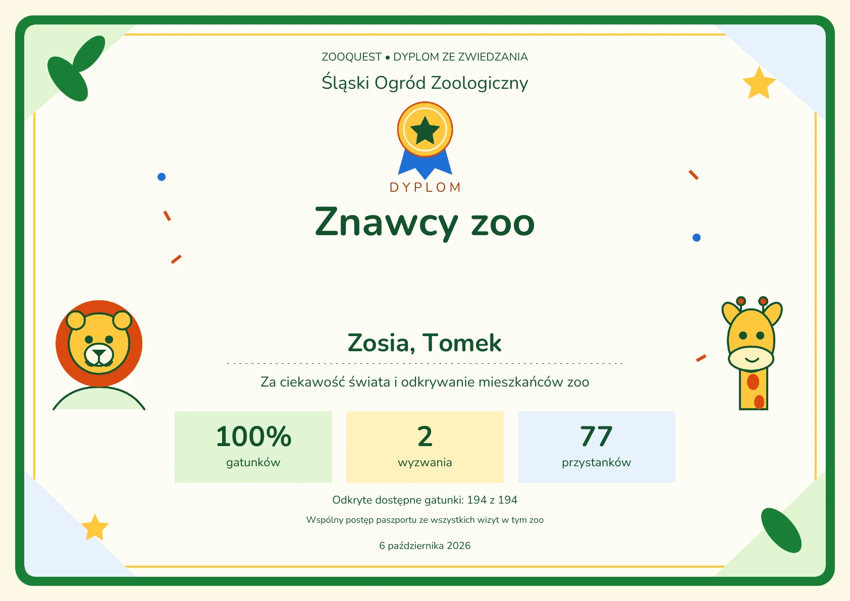 Przykładowy dyplom ZooQuest: Znawcy zoo, wszystkie gatunki i wyzwania demo, Zosia i Tomek