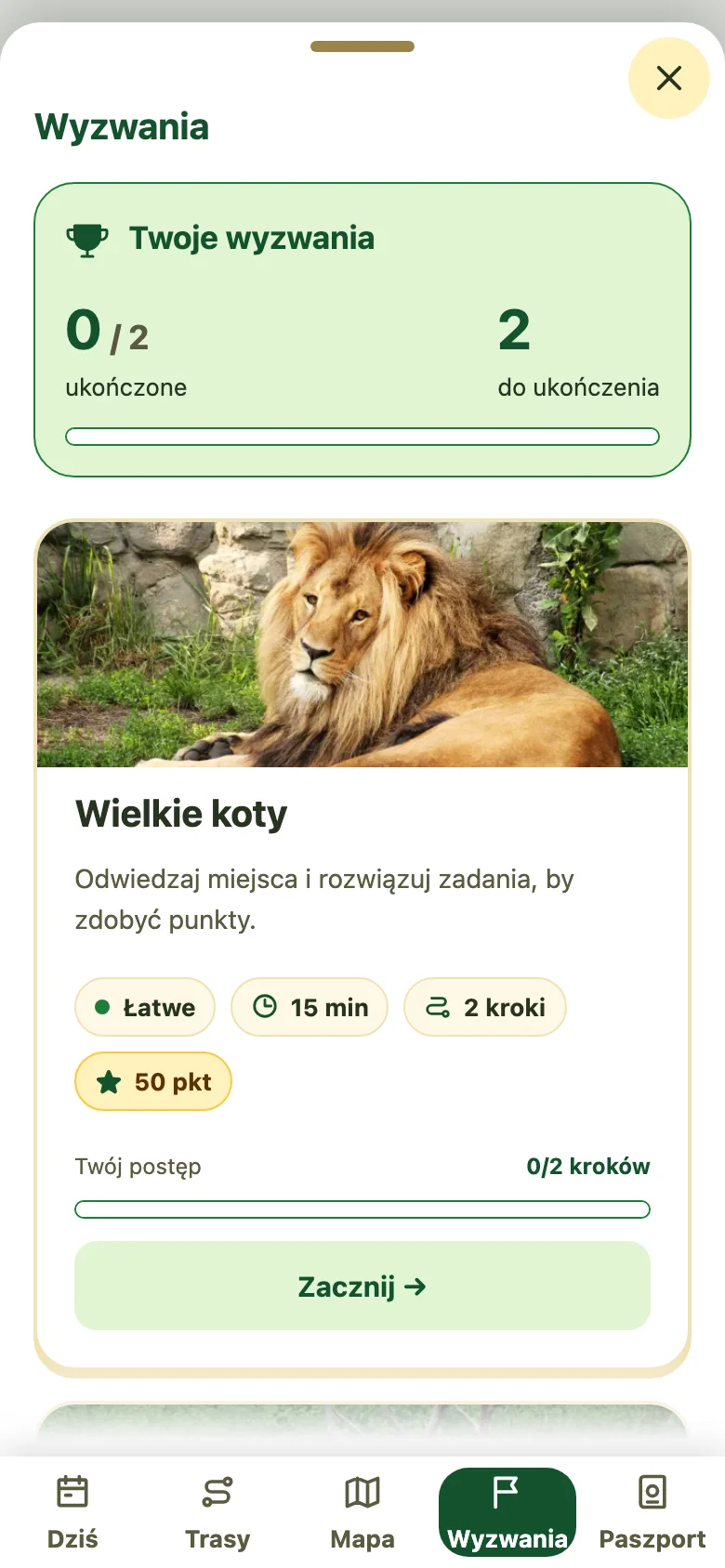 Ekran demonstracyjnych wyzwań w aplikacji ZooQuest
