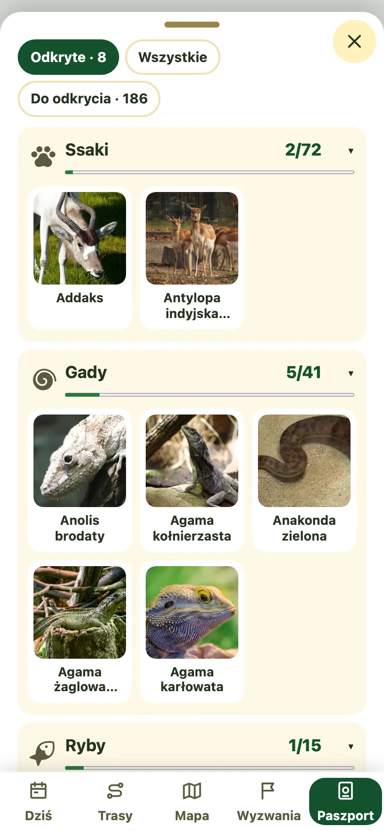 Paszport odkrywcy w aplikacji ZooQuest — przykładowy postęp demonstracyjny